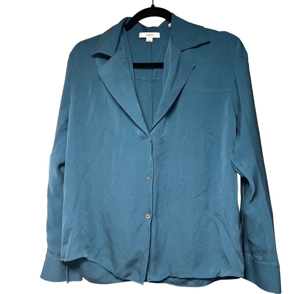 Vince Silk Notched Lapel Blouse Womens Medium Teal Quiet Luxury Chic Elegant